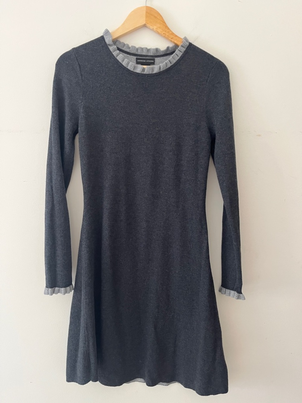 Adrienne Vittadini Charcoal Long-Sleeve Knit Dress with Light Gray Ruffle Trim